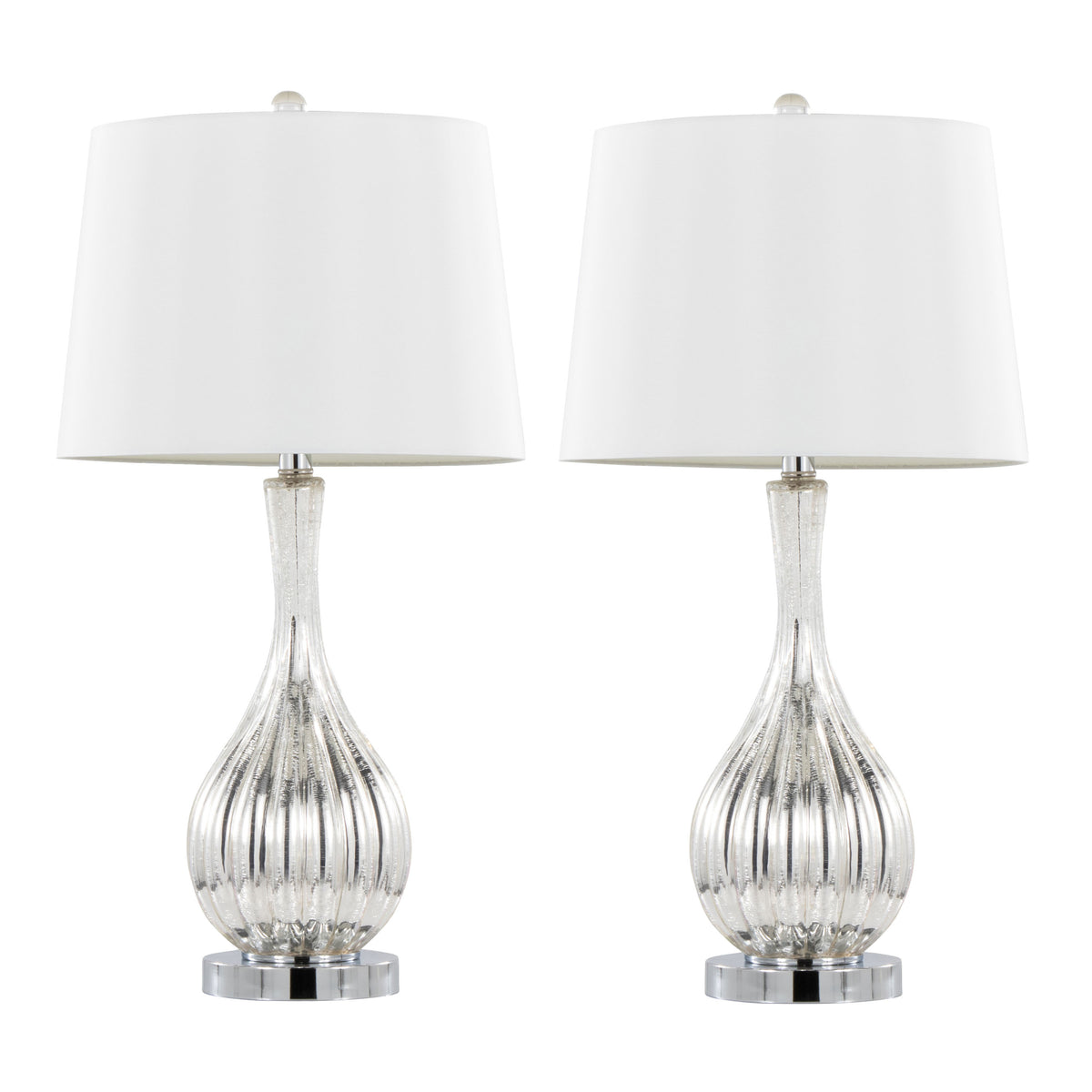 Glass Table Lamp in Silver Crackle Glass and Chrome Metal with White Linen Shade - Set of 2