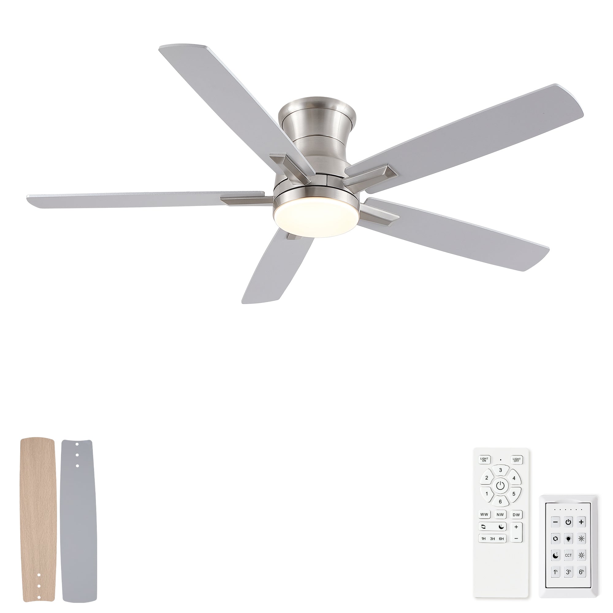 52' Modern Brushed Nickel Flush Mount Ceiling Fan with Light and Remote Control Reversible Quiet Motor