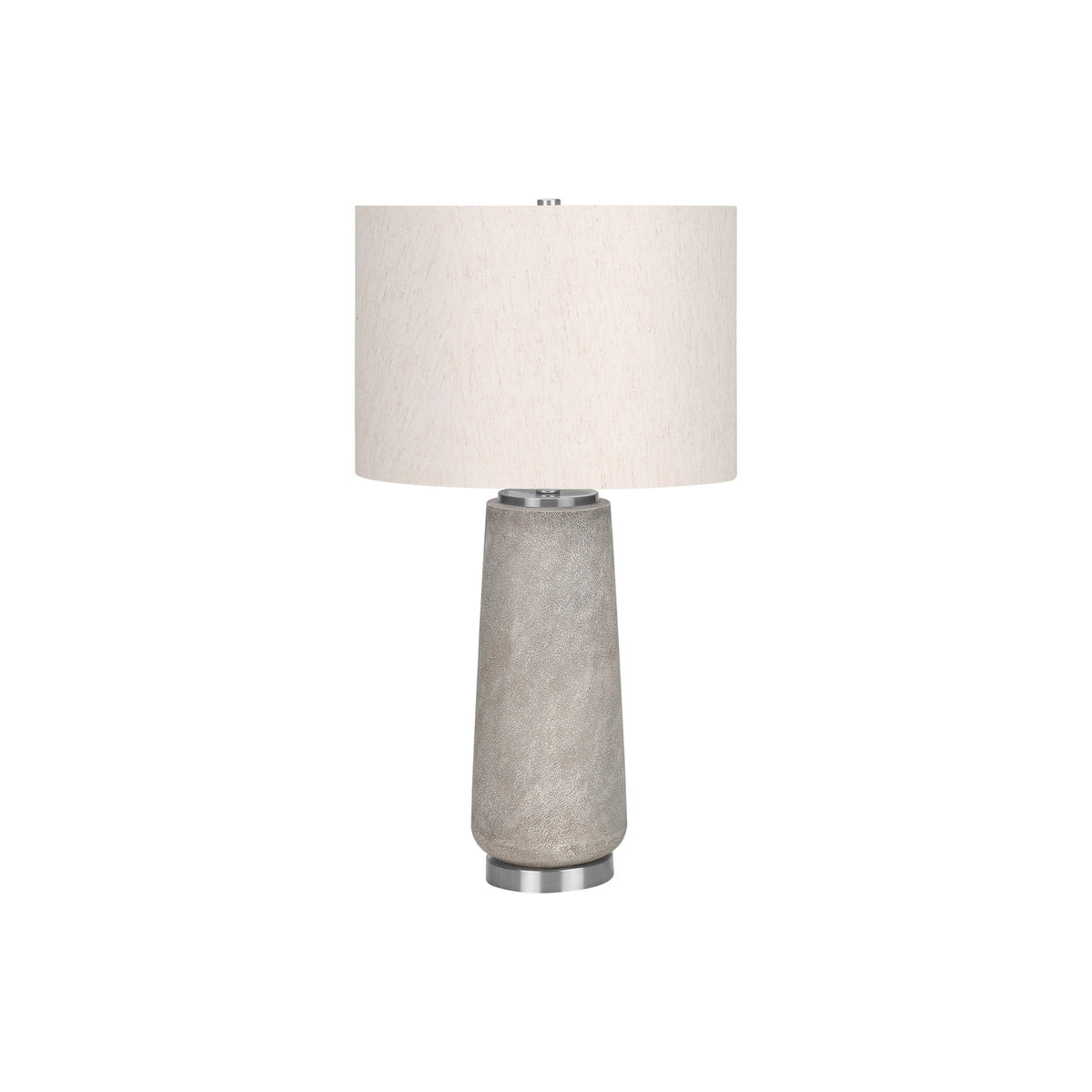 Modern Table Lamp, 29' H, Grey Resin Base with Ivory Linen Shade, Silver Accents, Contemporary Design