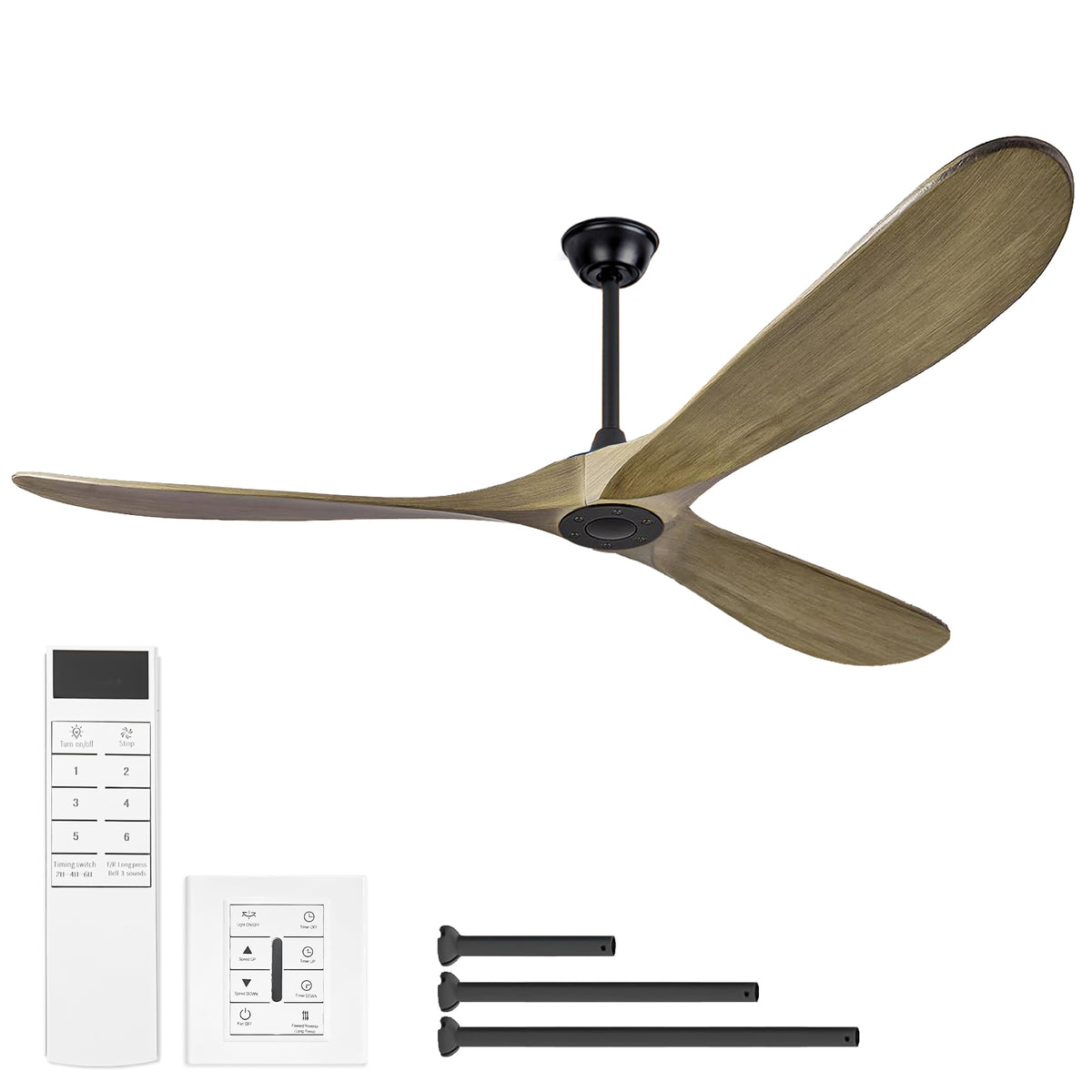 72' Large Size Solid Wood Ceiling Fan  without Lights with Remote Control and Wall Switch, Indoor Outdoor Ceiling Fan no Light for Patio,Indoor,Living Room,Bedroom,Farmhouse--Ash Brown