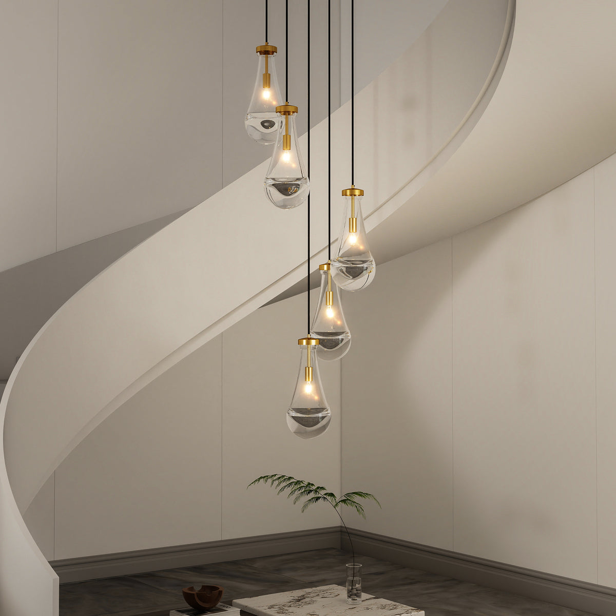 5 Light Cluster Pendant Light, Brass High Ceiling Chandeliers Adjustable, Living Room Pendant Light, Foyer Chandeliers, Stairwell Pendant Lights,E12 not Including Bulb