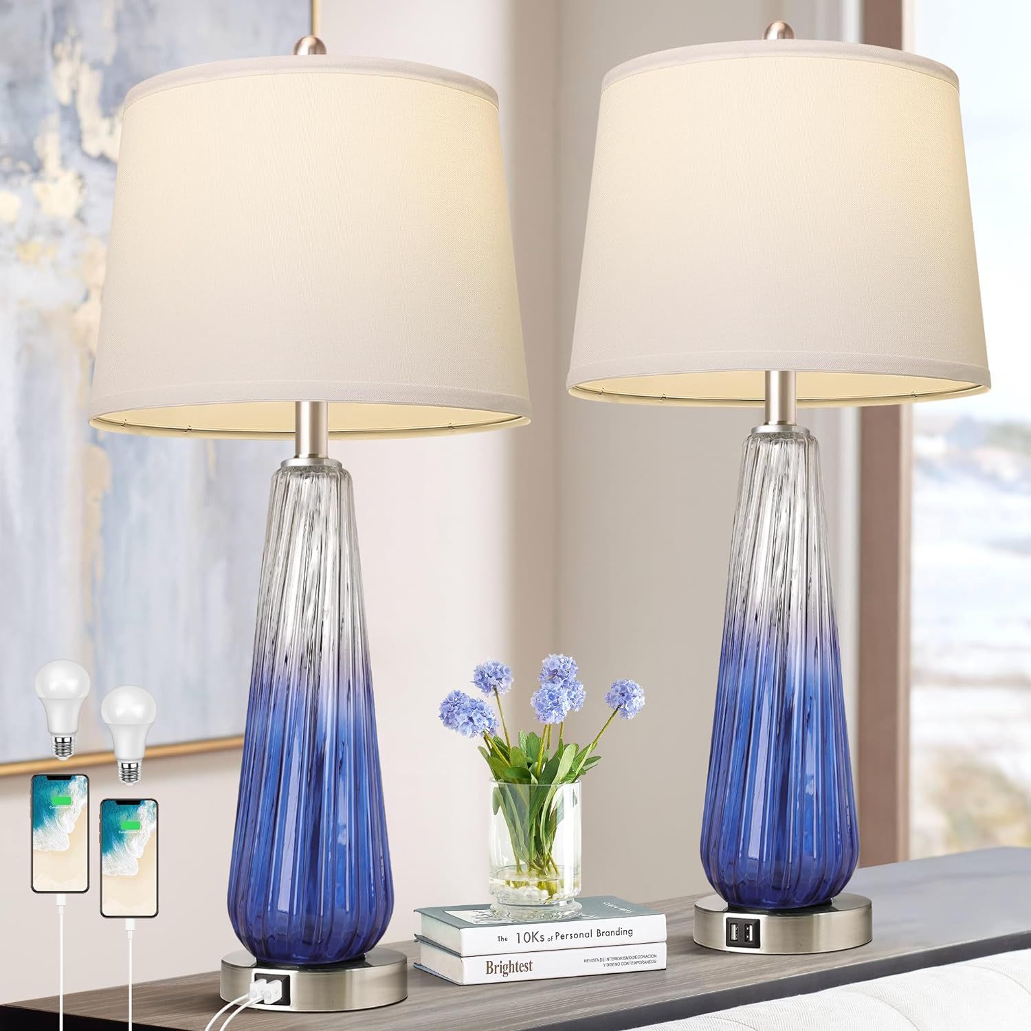 Table Lamps Set of 2 with Touch Control, 3-Way Dimmable Modern Glass Bedside Lamps with USB A+C Ports, Nightstand Lamp with White Fabric Shade, 27.5' Large Lamps for Living Room Bedrooms Decorations