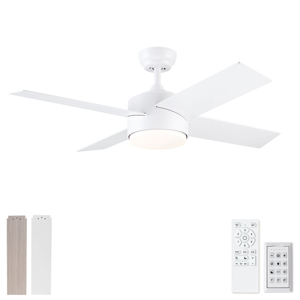 44' Ceiling Fan with Lights & Remote, Matte White Modern Fan, Reversible DC Motor, 6 Speeds, 3-Color Dimmable LED, Quiet Timer for Indoor Bedroom Living Room