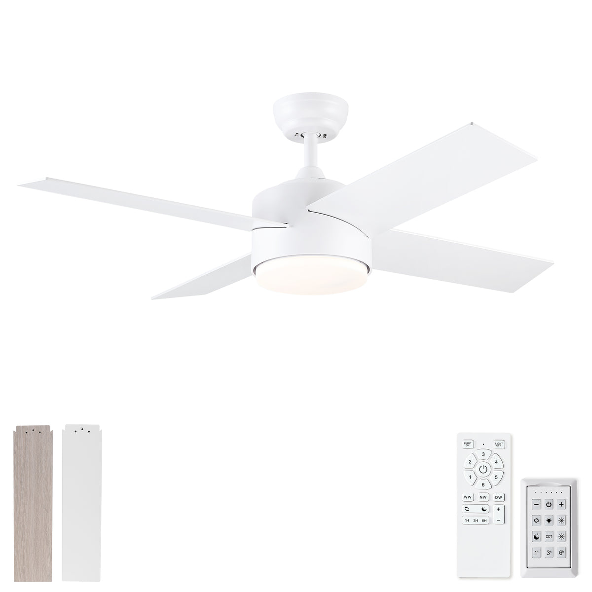44' Ceiling Fan with Lights & Remote, Matte White Modern Fan, Reversible DC Motor, 6 Speeds, 3-Color Dimmable LED, Quiet Timer for Indoor Bedroom Living Room