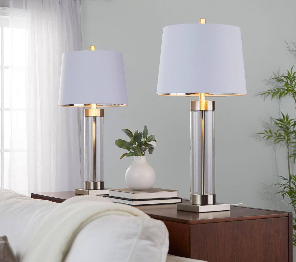30' Contemporary Glass Table Lamp in Clear Glass and Brushed Nickel with White Linen Shade from Grandview Gallery   - Set of 2
