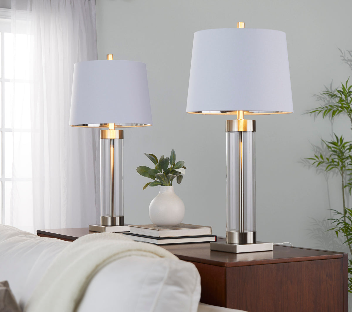 30' Contemporary Glass Table Lamp in Clear Glass and Brushed Nickel with White Linen Shade from Grandview Gallery   - Set of 2
