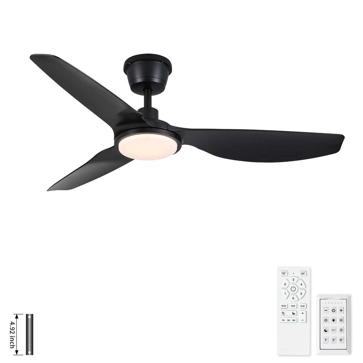 52 inch Outdoor Waterproof Black Ceiling Fan with Light and Quiet DC Motor ABS Blades for Modern Bedroom Living Room Restaurant