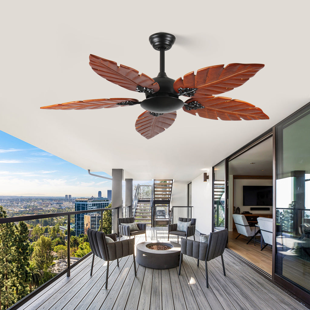 52 Inch Tropical Ceiling Fan (No Light), Palm Leaf Indoor/Outdoor Ceiling Fan for Patio & Living Room, Reversible Fan, Black Bronze