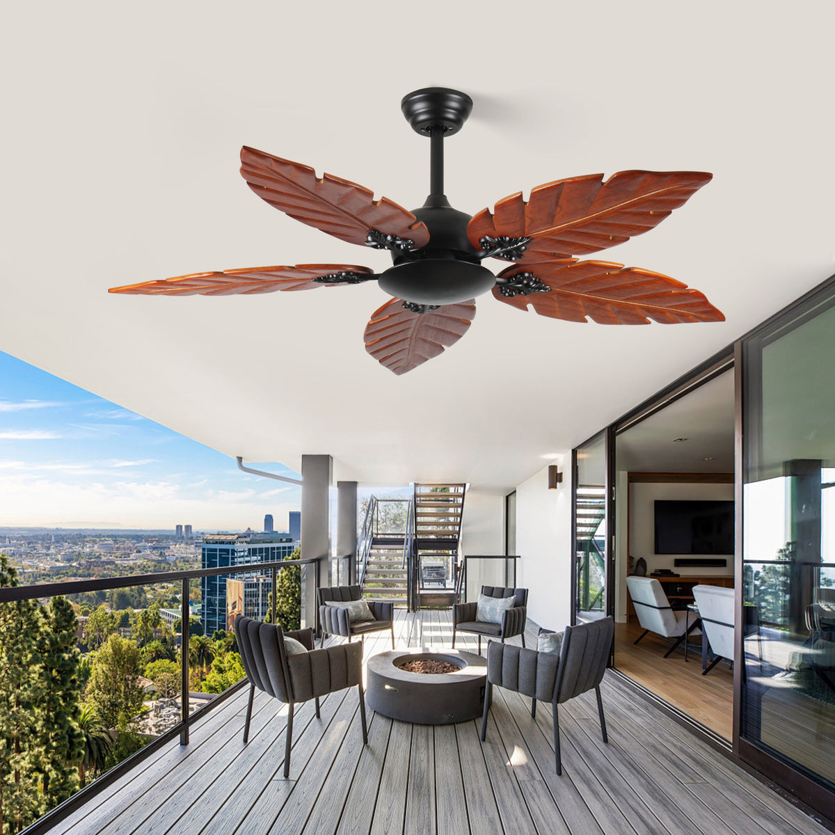 52 Inch Tropical Ceiling Fan (No Light), Palm Leaf Indoor/Outdoor Ceiling Fan for Patio & Living Room, Reversible Fan, Black Bronze