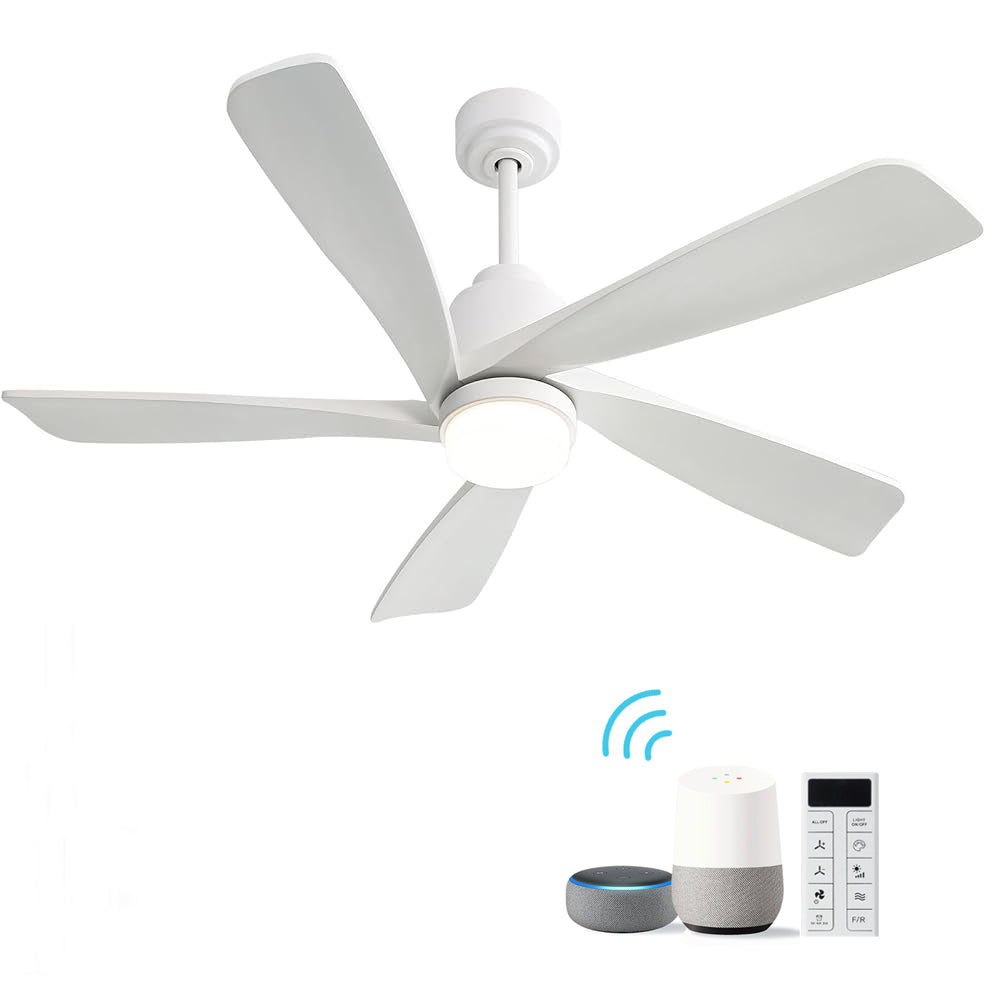 52 Inch Modern Ceiling Fan With Dimmable LED Light 5 Solid Wood Blades Remote Control Reversible DC Motor With Smart Control