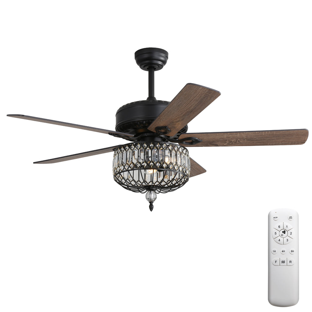 52-Inch Black Ceiling Fan with Crystal Lampshade, 5 Plywood Blades, DC Motor, 6-Speed Remote Control, 1/4/8 Hour Timer