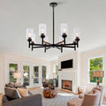Farmhouse 8-Light Glass Chandelier, Modern Black Light Fixture for Kitchen Dining Room Over Table, Industrial Lighting for Living Room, Foyer, Entryway, E26 Bulb Base