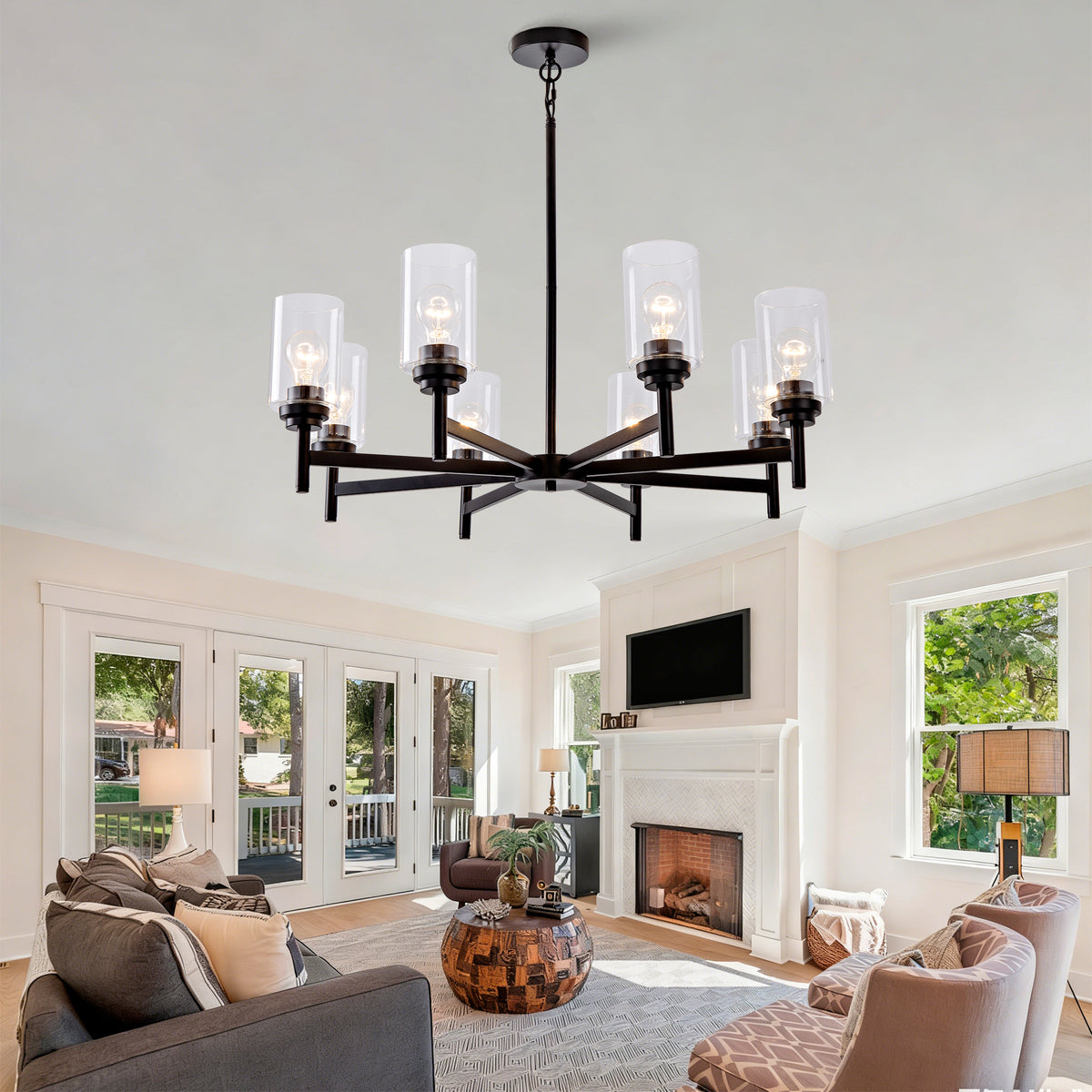 Farmhouse 8-Light Glass Chandelier, Modern Black Light Fixture for Kitchen Dining Room Over Table, Industrial Lighting for Living Room, Foyer, Entryway, E26 Bulb Base