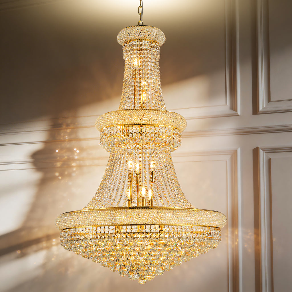 32-Inch Gold Crystal Chandelier, 27-Light French Empire Ceiling Light with LED Bulbs, Adjustable 59-Inch Chain, 3000K Warm Light, Ideal for Living Room, Dining Room, and Foyer