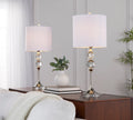 26' Contemporary Crystal Table Lamp in Clear Crystal and Polished Nickel with White Linen Shade from Grandview Gallery  - Set of 2
