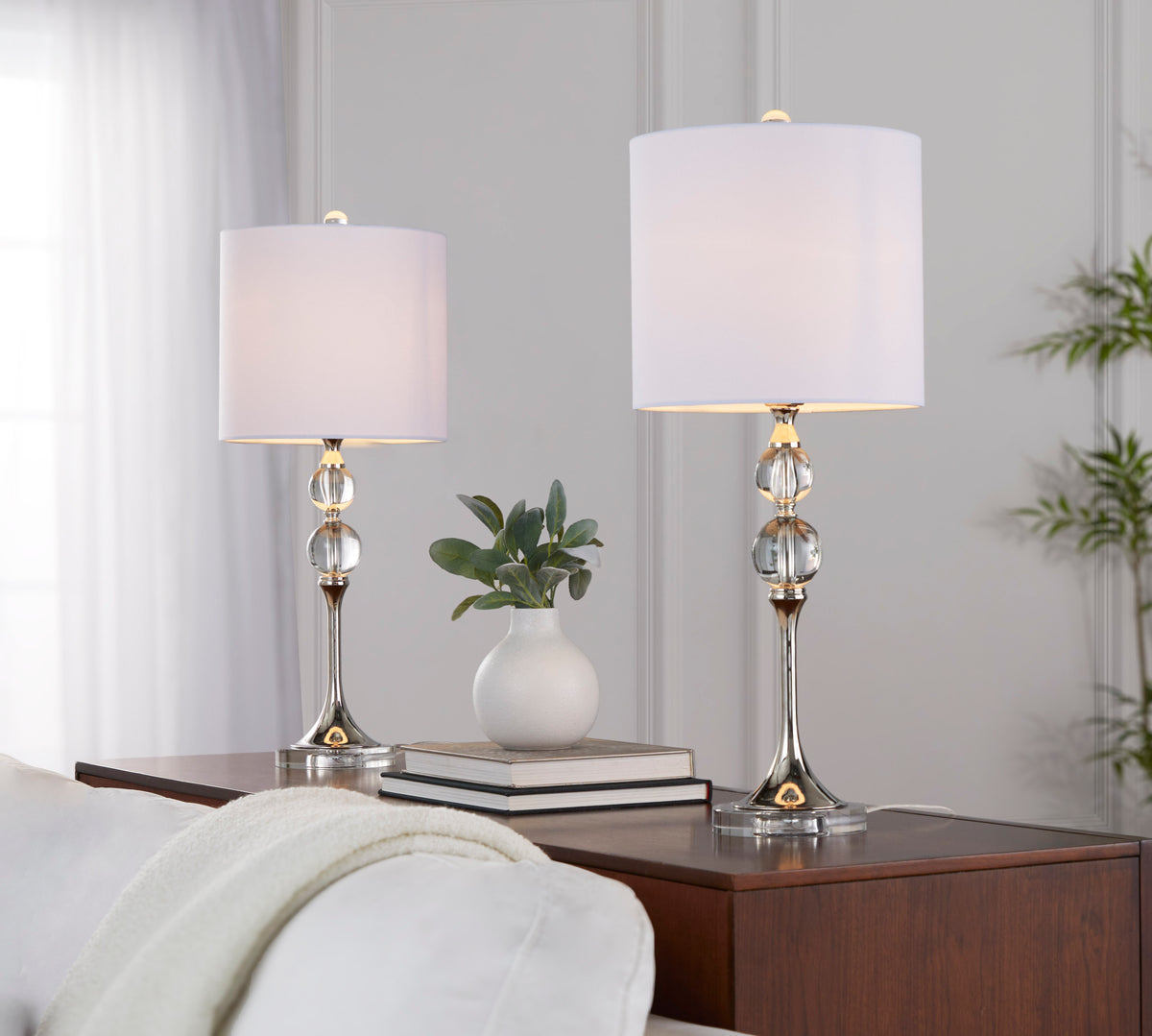 26' Contemporary Crystal Table Lamp in Clear Crystal and Polished Nickel with White Linen Shade from Grandview Gallery  - Set of 2
