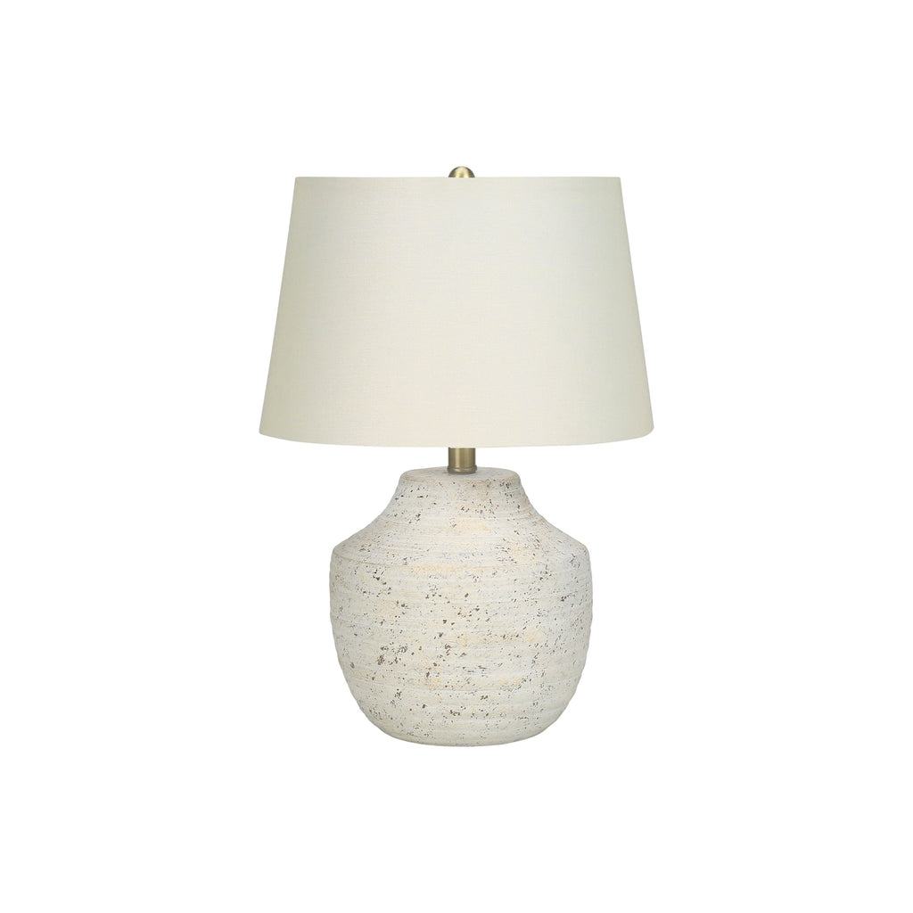Modern Table Lamp, 20'H, Cream Concrete Base with Ivory Linen Shade, Gold Finial, Contemporary Design