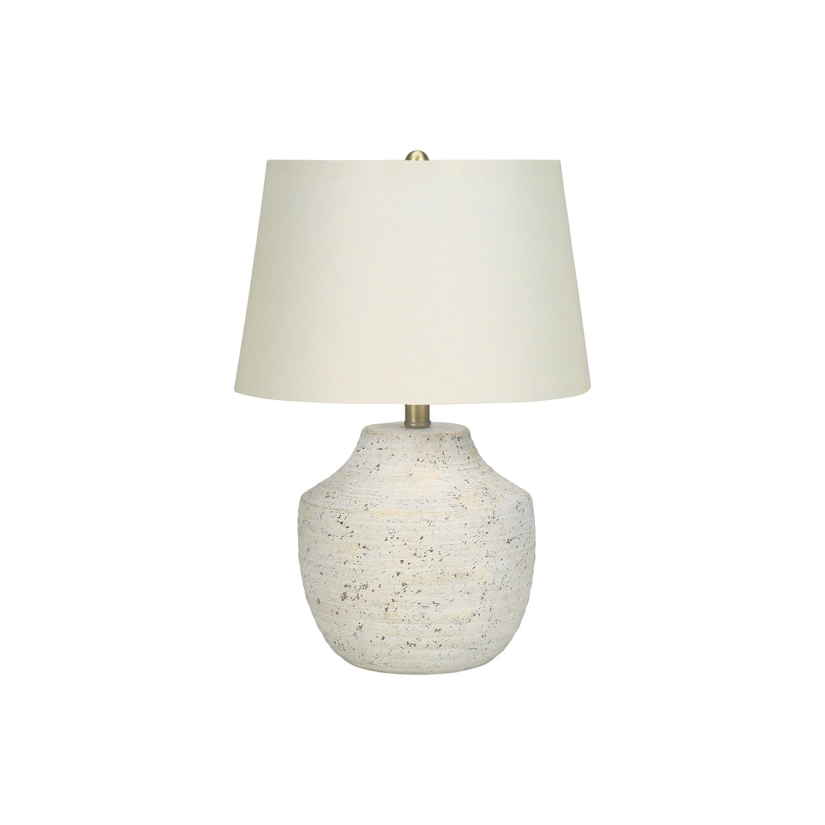 Modern Table Lamp, 20'H, Cream Concrete Base with Ivory Linen Shade, Gold Finial, Contemporary Design