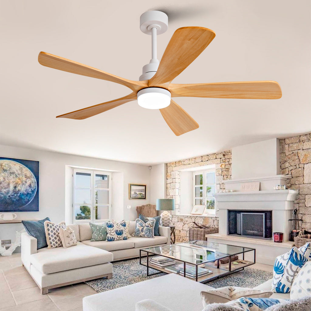 52 Inch Modern Ceiling Fan With 3 Color Dimmable 5 Solide Wood Blades Remote Control Reversible DC Motor With Led Light