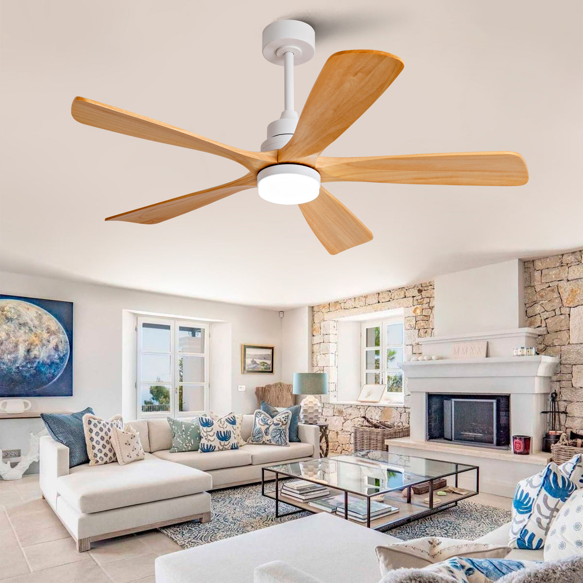 52 Inch Modern Ceiling Fan With 3 Color Dimmable 5 Solide Wood Blades Remote Control Reversible DC Motor With Led Light