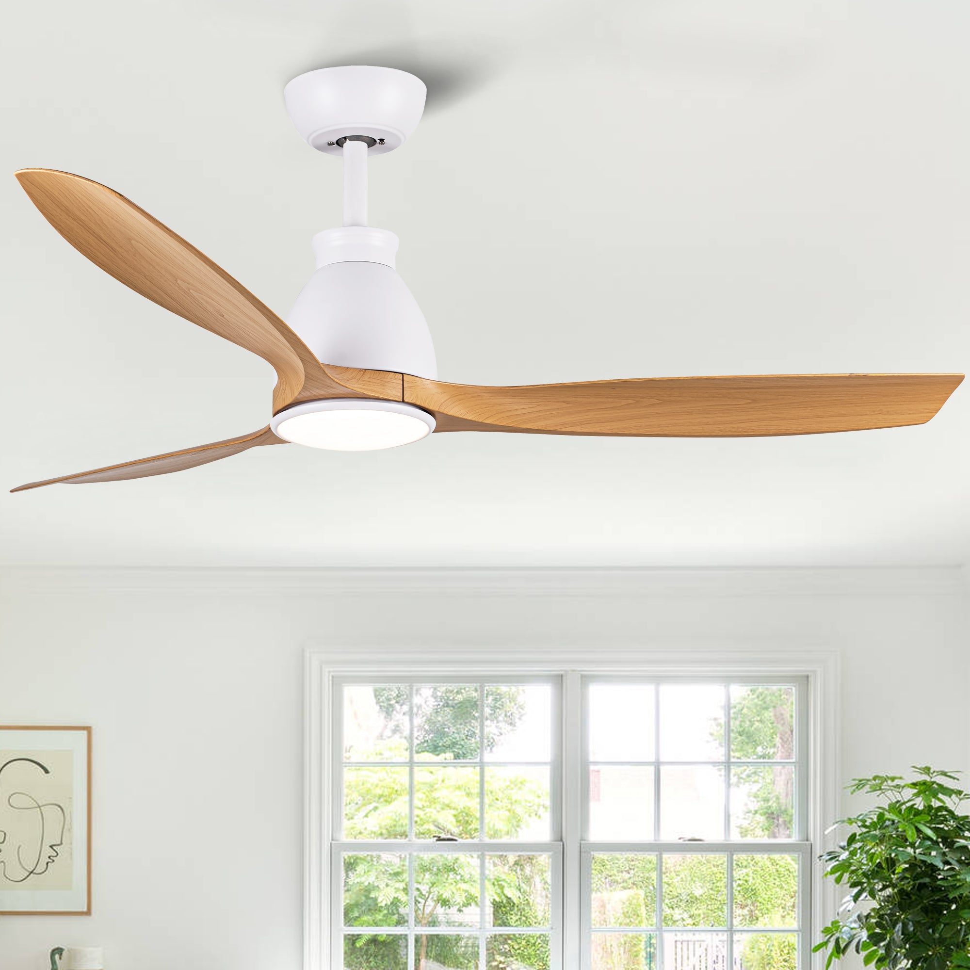 YUHAO 52 inch Indoor Ceiling Fan with Integrated LED - Matte White with Antique Brown Wood Grain Blade