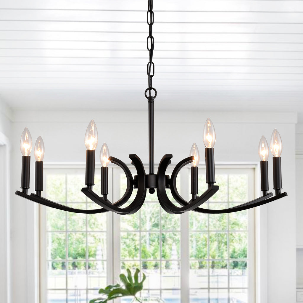 8-Light Farmhouse Chandelier, Black Metal Chandeliers  Light Fixtures Industrial for High Ceiling Living Dining Room Foyer. Adjustable Height-E12