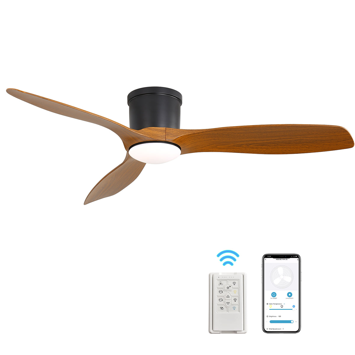 52-Inch Smart Ceiling Fan with Remote Control, 3 ABS Blades, Dimmable LED Light, Reversible DC Motor, Black Metal Canopy, White Acrylic Shade