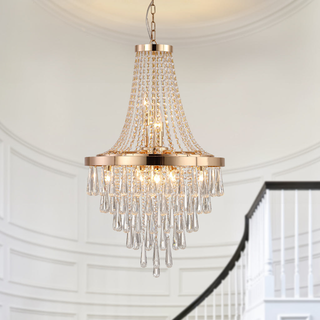 20' Modern Crystal Pendant Chandelier with Golden Finish – Elegant 11-Light Hanging Light Fixture Tiered Design for Dining Room, Living Room, or Entryway (No Bulbs)
