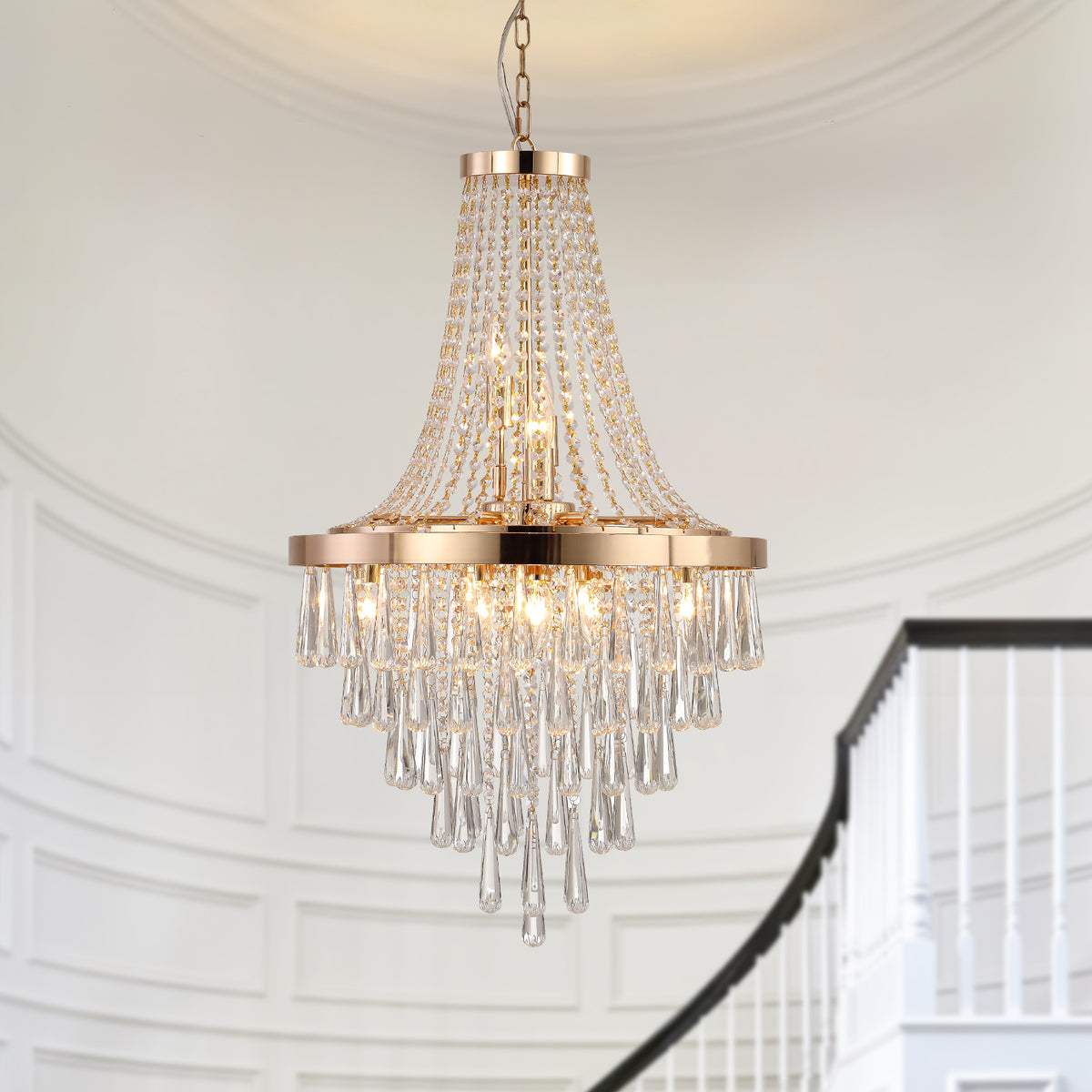 20' Modern Crystal Pendant Chandelier with Golden Finish – Elegant 11-Light Hanging Light Fixture Tiered Design for Dining Room, Living Room, or Entryway (No Bulbs)