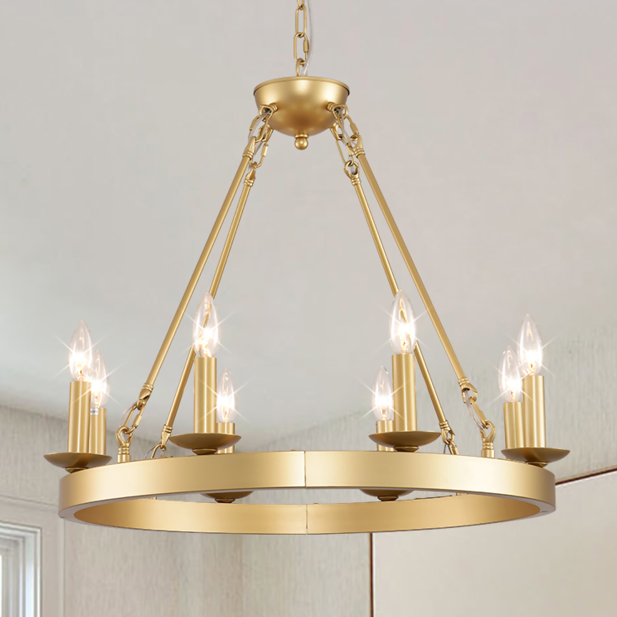 Wagon Wheel Chandelier Farmhouse Modern Small Round Chandelier for Living Room Kitchen Island Foyer Hallway Entryway Bedroom Dining Room Light Fixture Ceiling Hanging--Gold-E12--No Included Bulbs