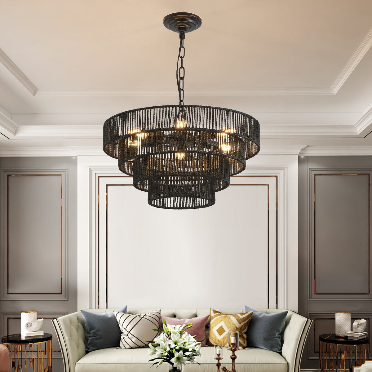 20' Rustic 4-Tier Black Hemp Rope Pendant Light Chandelier with 6 E12 Sockets, Handmade Tiered Boho Ceiling Light Fixture for Dining Room, Kitchen, or Foyer (Bulb Not Included)