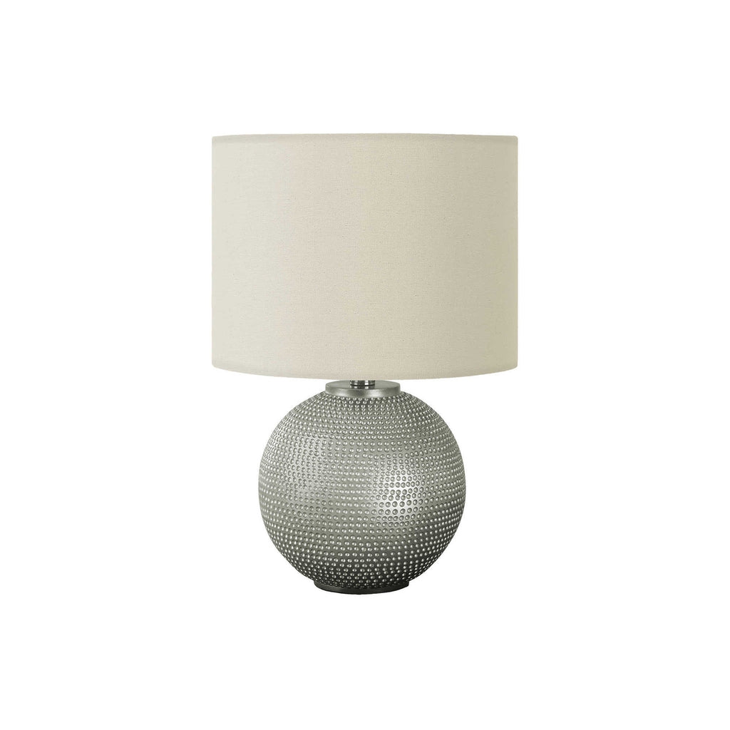 Modern Table Lamp, 19'H, Grey Resin Base with Ivory Fabric Drum Shade, Compact Globe Design for Living Room, Bedroom, or Office
