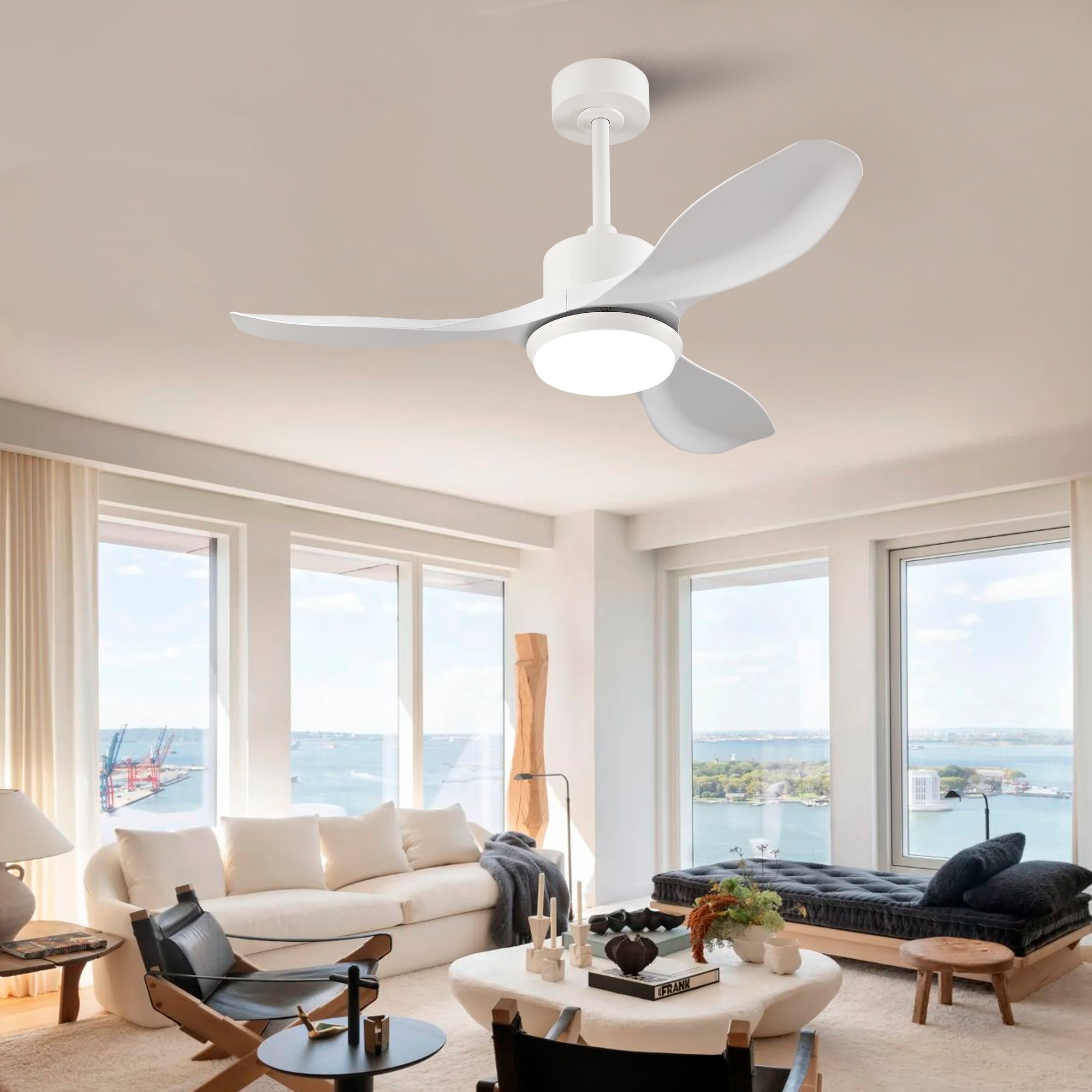 42-inch modern white ceiling fan with light, featuring 3 ABS plastic blades, remote control operation, reversible DC motor, and dimmable LED lighting.
