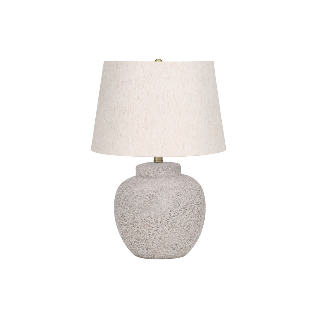 Modern Table Lamp, 22'H, Cream Concrete Base with Ivory Linen Shade, Gold Finial, Contemporary Decorative Lighting