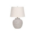 Modern Table Lamp, 22'H, Cream Concrete Base with Ivory Linen Shade, Gold Finial, Contemporary Decorative Lighting