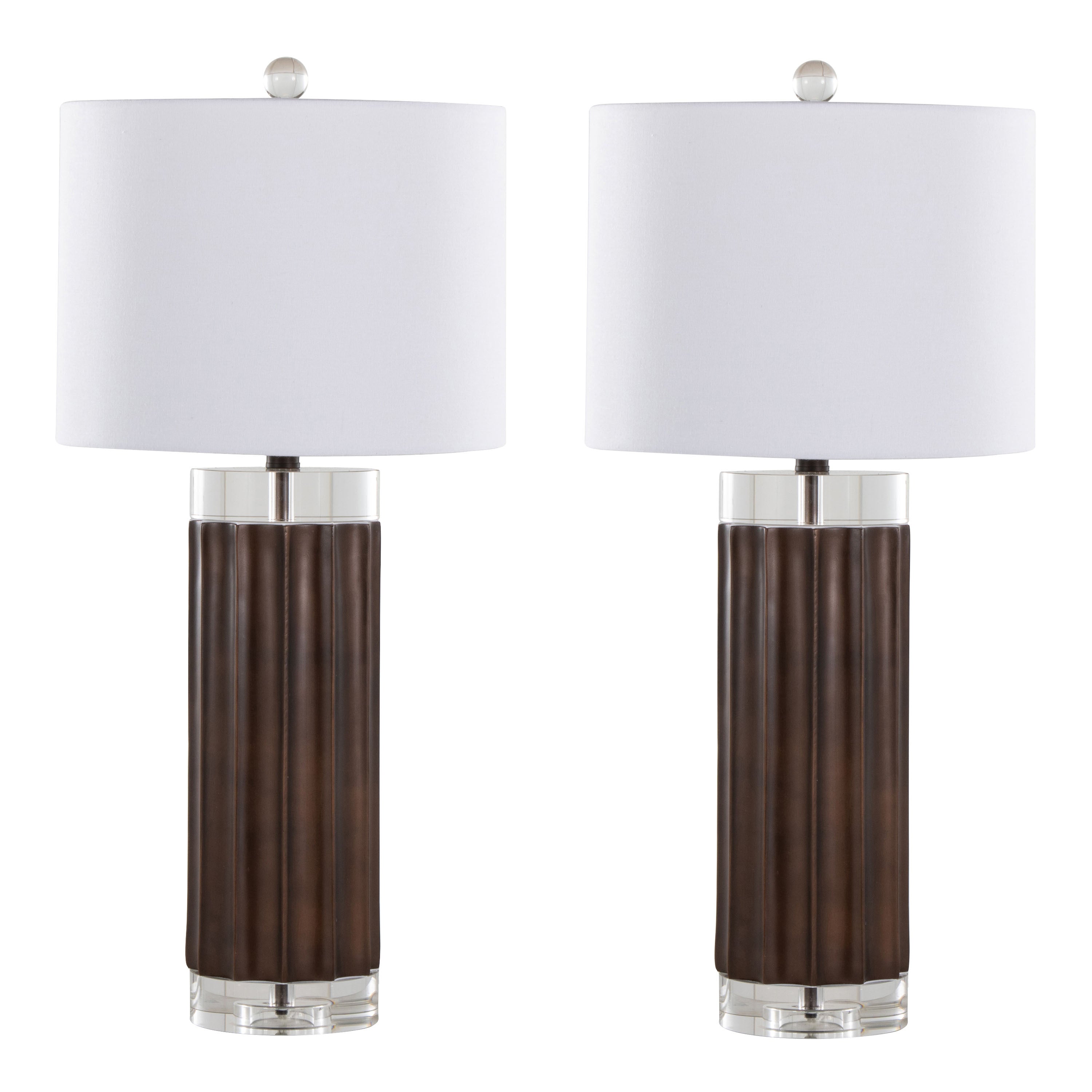 Cylinder Fluted 29.25' Contemporary Polyresin Table Lamp in Brown Lustre Polyresin, Clear K9 Crystal and White Linen Shade from Grandview Gallery  - Set of 2