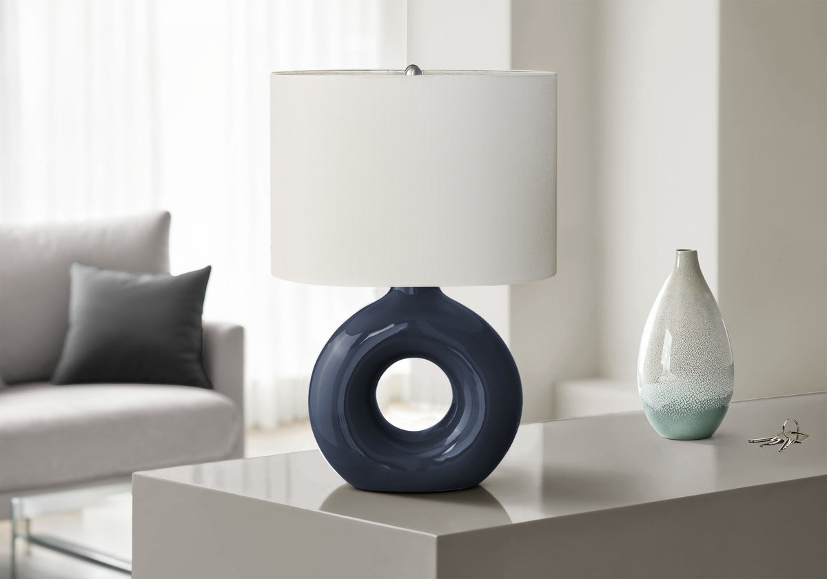 Lighting, 24'h, Table Lamp, Blue Ceramic, Ivory / Cream Shade, Contemporary, Modern