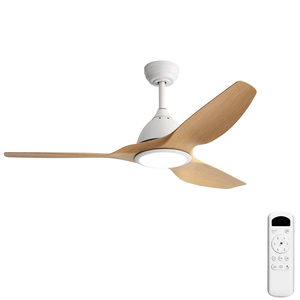 52 Inch Ceiling Fan with Light 22W 3 Color Dimmable LED Memory Function Ultra Quiet Reversible DC Motor 1H 4H 8H Timer in Matte White ABS Material