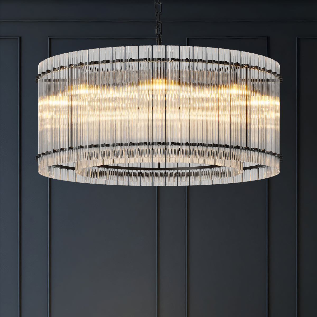 37' Modern Black Round Chandelier,2-Tier 8-Light Water Ripple Crystal Glass Chandeliers,for Dining Room,Living Room,Bedroom,High Ceiling,Foyer Entryway,Luxury Chandelier