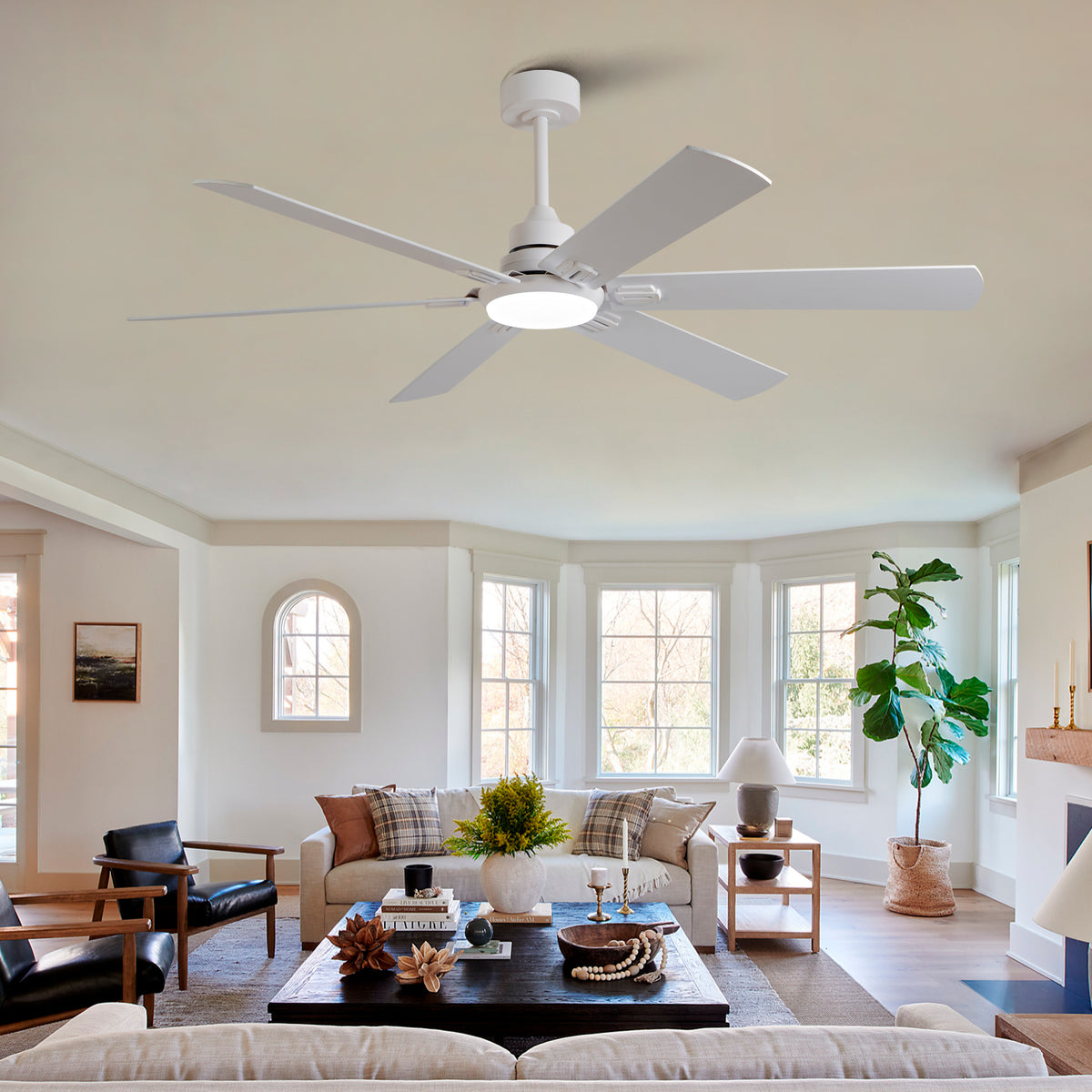 Smart 60' Indoor/Outdoor Ceiling Fan with Light, Modern White 6-Blade Design, Remote Control, Dimmable LED, 6-Speed Quiet DC Motor, Reversible for Year-Round Use