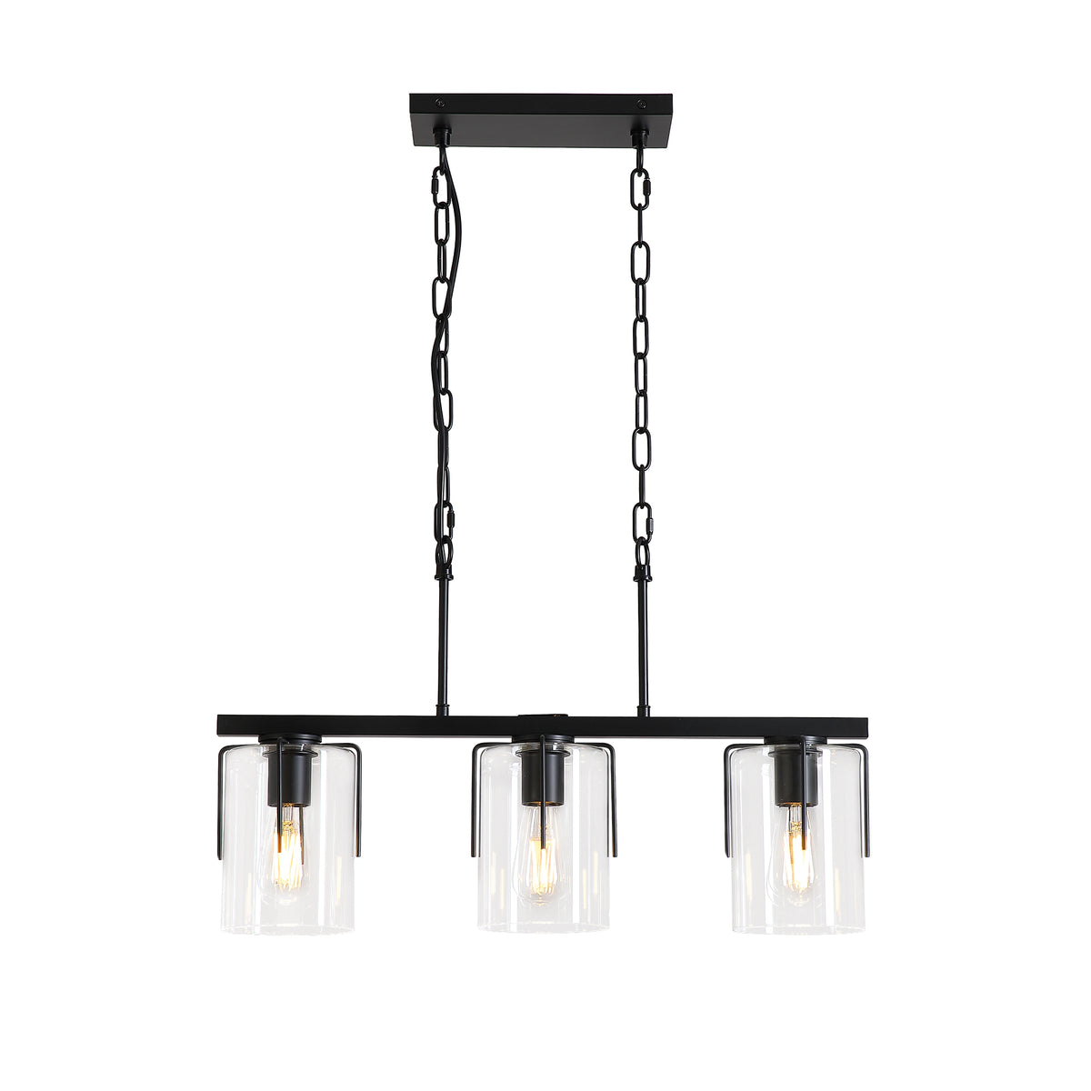 3-Light Matte Black Linear Pendant Light, Industrial Kitchen Island Lighting with Clear Glass Shades, Adjustable Chain Chandelier for Dining Room, Living Room & Entryway