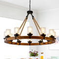 12-Light Rustic Wagon Wheel Chandelier,39'Wooden Pendant Light with Seeded Glass Shade,Industrial Chandeliers for Dining Room Kitchen lsland Foyer (Solid One-Piece Wood Frame Design)-NO INCLUDED BULBS