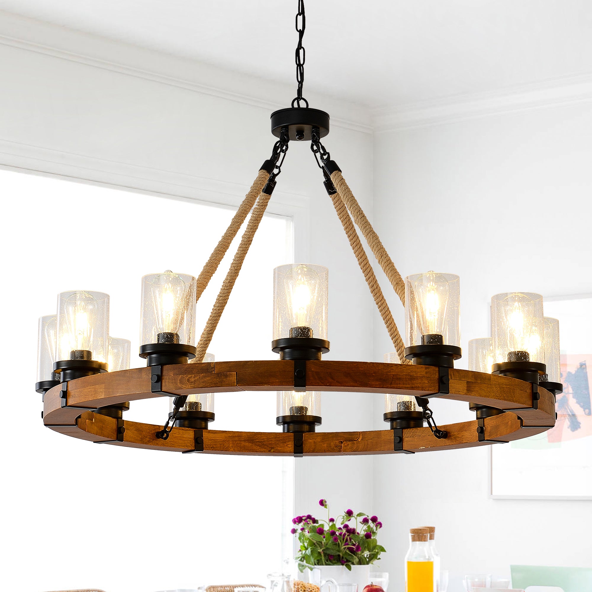 12-Light Rustic Wagon Wheel Chandelier,39'Wooden Pendant Light with Seeded Glass Shade,Industrial Chandeliers for Dining Room Kitchen lsland Foyer (Solid One-Piece Wood Frame Design)-NO INCLUDED BULBS
