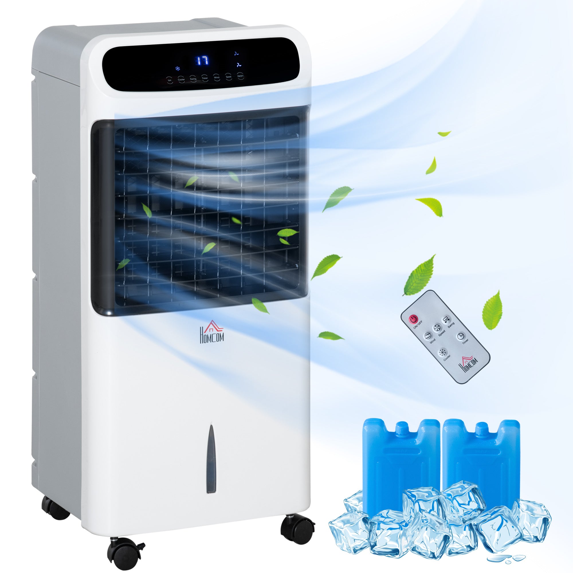 HOMCOM 32' Mobile Evaporative Air Cooler, 3-In-1 Ice Cooling Fan Water Conditioner Humidifier Unit with Remote, Timer, Oscillating, LED Display, 3.2gal Water Tank for Home Office, Bedroom, White