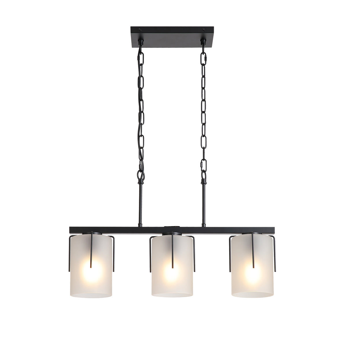 Minimalist 3-Light Linear Chandelier, Matte Black Pendant Lighting with Frosted Glass Shades, E26 Base Adjustable Ceiling Fixture for Dining Room Kitchen