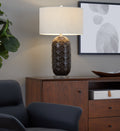 30' Contemporary Ceramic Table Lamp in Dark Grey Crackle Ceramic, Brushed Nickel and Clear Crystal with Grey Linen Shade