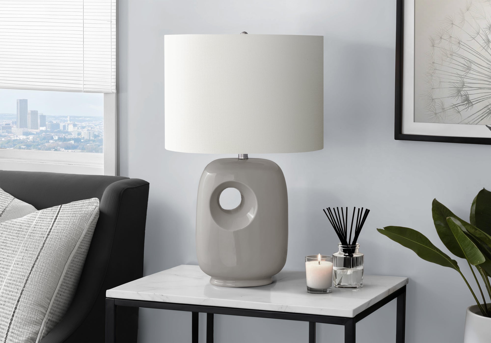 Lighting, 26'h, Table Lamp, Grey Ceramic, Ivory / Cream Shade, Contemporary, Modern