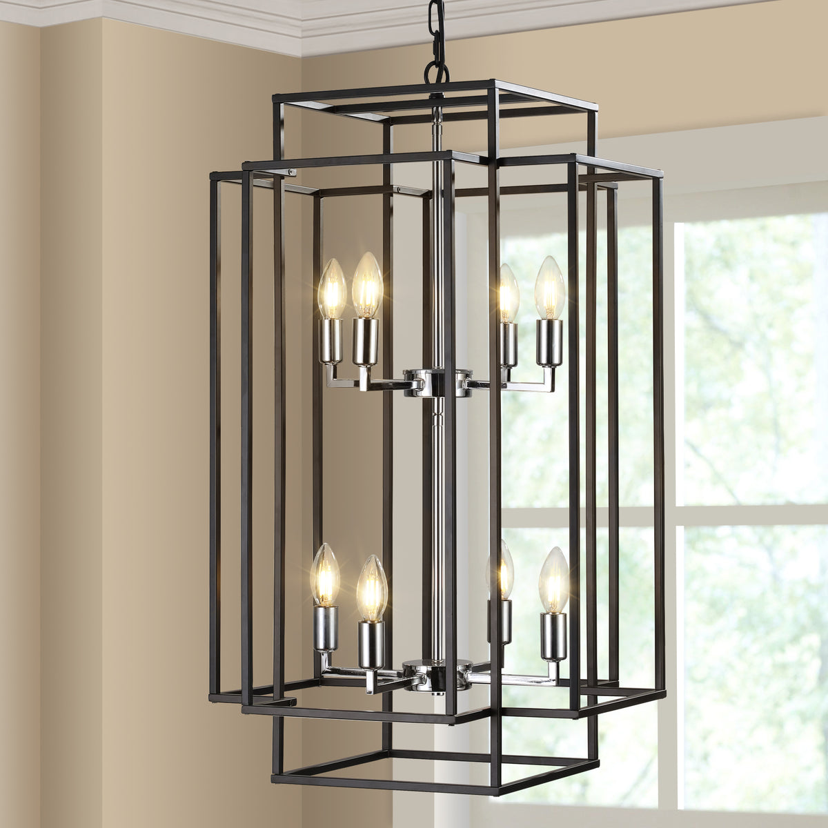 18' Modern 8-Light Black & Chrome Geometric Pendant Chandelier, Industrial Metal Frame, Adjustable Hanging Light for Living Room, Dining Room, Kitchen (No Bulbs)