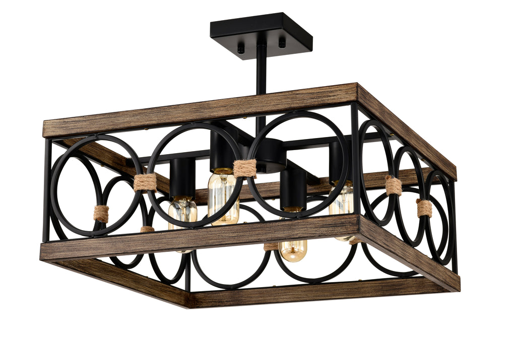 4-Light Square Kitchen Island Lights Ceiling Light Farmhouse Dining Room Light Fixture, Wood and Black Metal Rectangular Ceiling Light, Ceiling Lighting for Living Room,Conference Room, Home Office