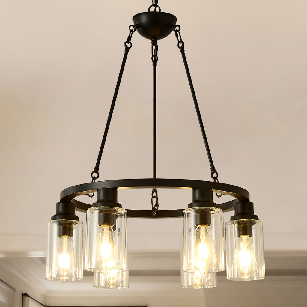 6-Light Black Wagon Wheel Chandelier With Light(No Bulbs) For Bedroom Bathroom--E26